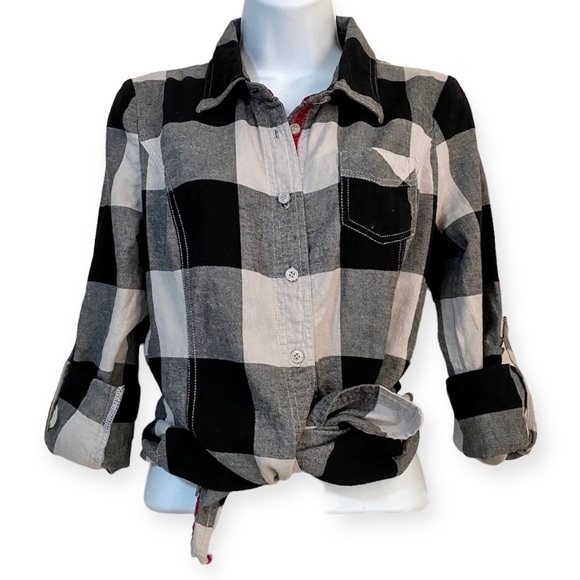 Black White Long Sleeve Button-down Plaid Cotton Flannel Shirt Medium Grunge - Picture 1 of 15